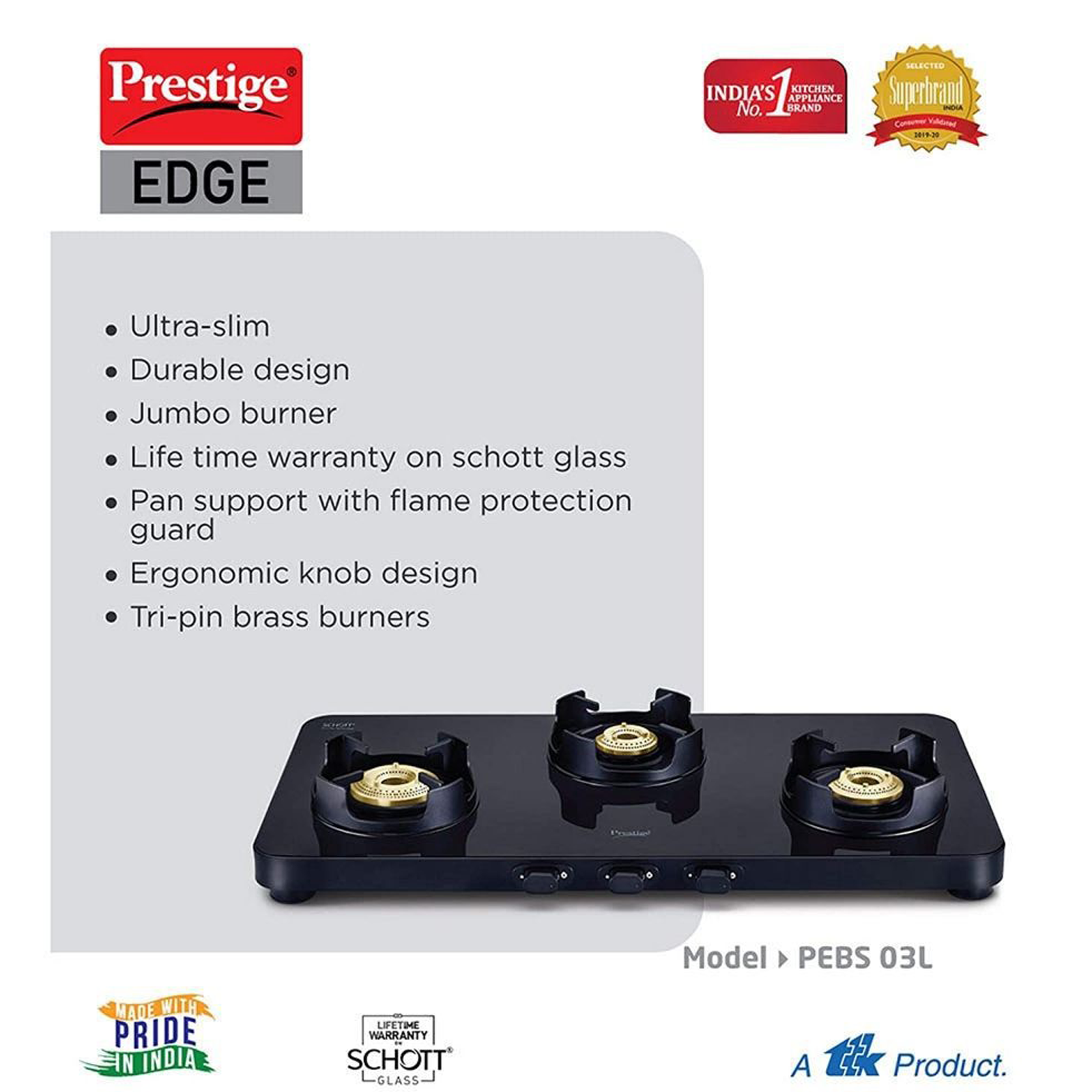 Buy Prestige Edge Toughened Glass Top 3 Burner Manual Gas Stove Ergonomic Knob Black Online